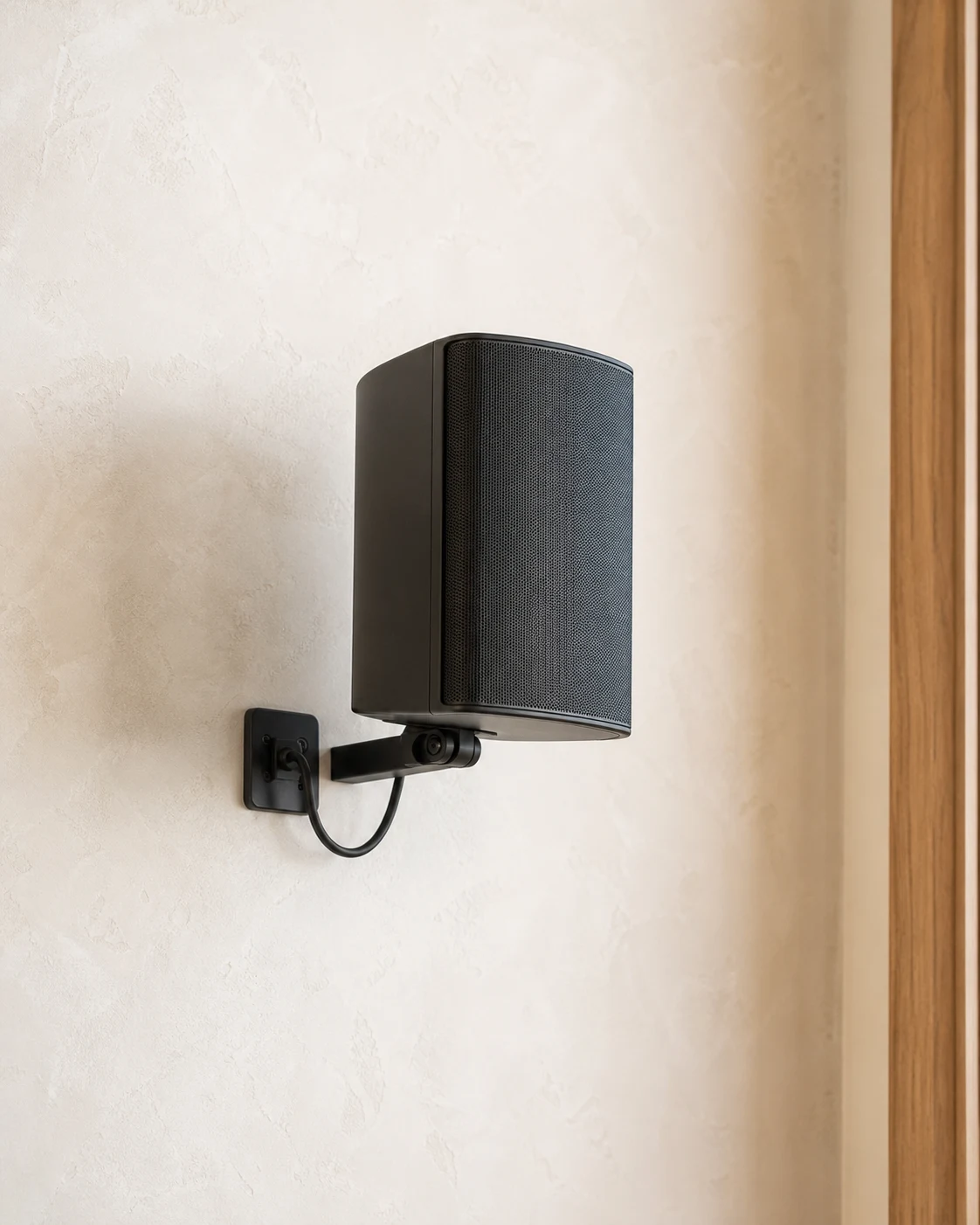A compact black speaker professionally mounted on a warm plaster wall