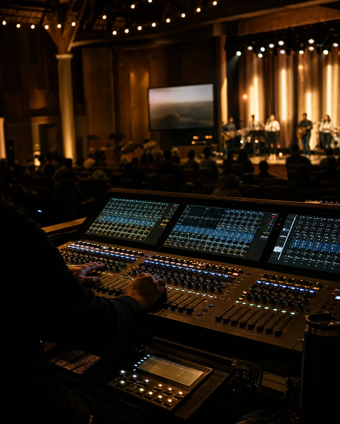 A sound engineer working at a live production console in a warm venue